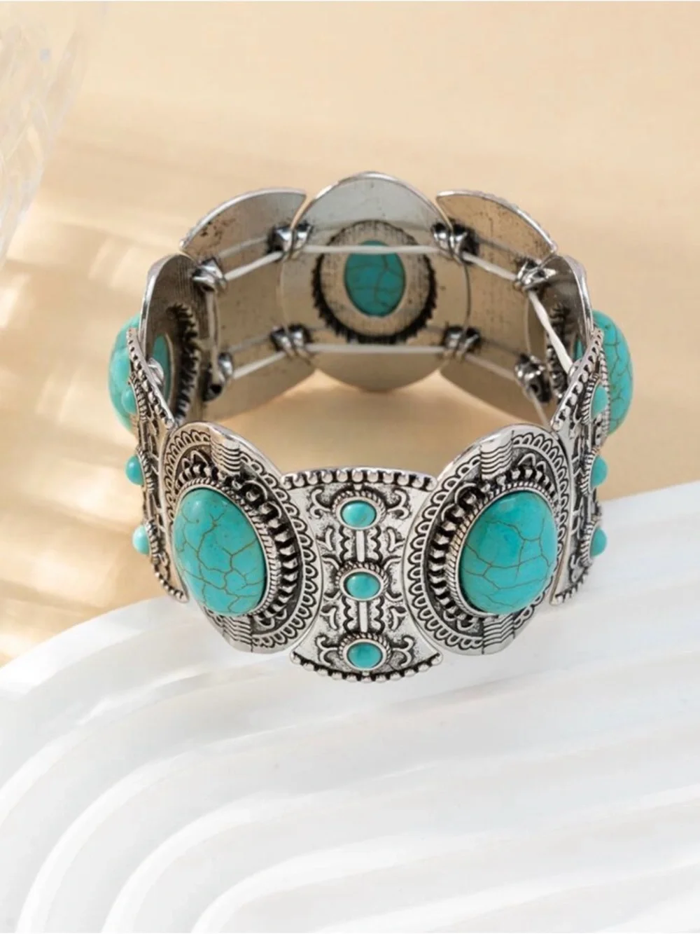 Turquoise Stone Silver-Tone Statement Bracelet - Women Jewelry